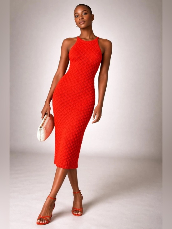 Eliza J Dresses & Skirts - Eliza J Vibrant Orange Crochet Halter Midi Dress Women’s Medium